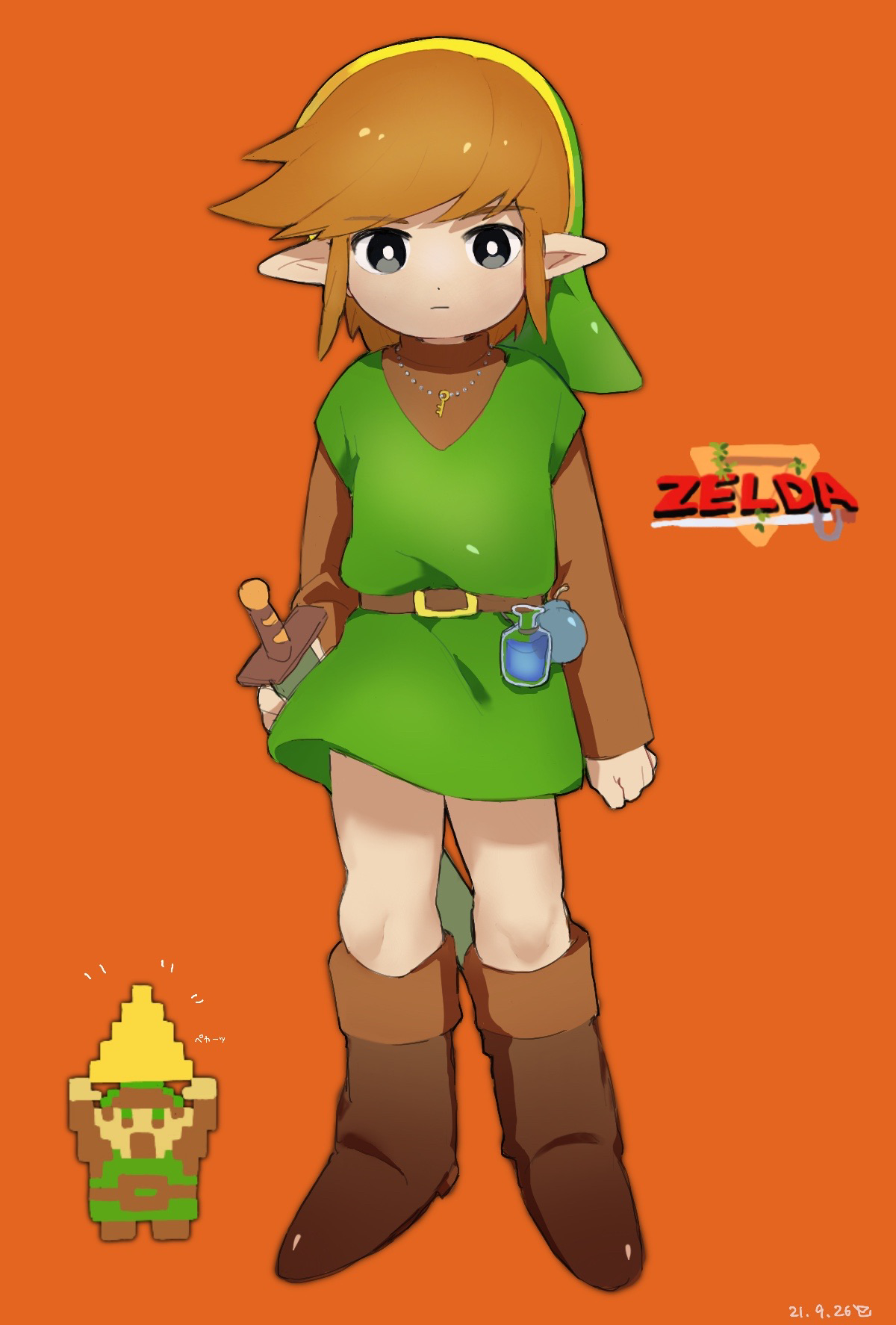 link, nintendo, the legend of zelda, the legend of zelda (nes), 1boy, belt, blonde hair, bomb, boots, bottle, brown boots, brown shirt, elf, explosive, green hat, green shirt, green tunic, hat, holding, jewelry, key, necklace, orange background, peke (pixiv16140426), pointy ears, potion, shirt, sprite, sword, triforce, tunic, weapon
