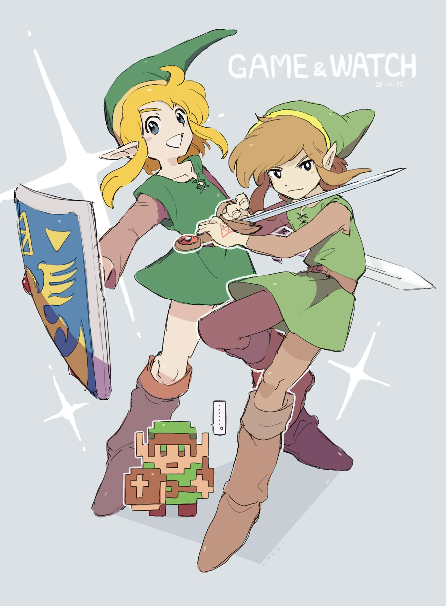 link, nintendo, the legend of zelda, the legend of zelda: a link to the past, the legend of zelda (nes), 2boys, belt, blonde hair, blue eyes, boots, brown boots, elf, green hat, green shirt, green tunic, hat, multiple boys, peke (pixiv16140426), pointy ears, shield, shirt, sparkle, sprite, sword, tunic, weapon, white background