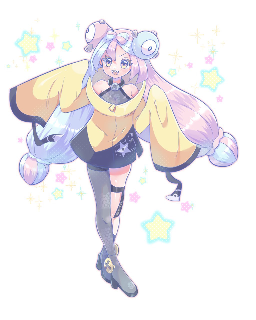 iono (pokemon), nintendo, pokemon, pokemon sv, highres, 1girl, bare shoulders, blue hair, blush, boronttt, bow-shaped hair, breasts, character hair ornament, fake hair bun, full body, grey pantyhose, hair ornament, halter shirt, halterneck, hexagon print, jacket, long hair, long sleeves, looking at viewer, multicolored hair, open mouth, oversized clothes, pantyhose, pink hair, sharp teeth, shirt, single leg pantyhose, sleeves past fingers, sleeves past wrists, smile, solo, split-color hair, star (symbol), teeth, two-tone hair, very long sleeves, yellow jacket