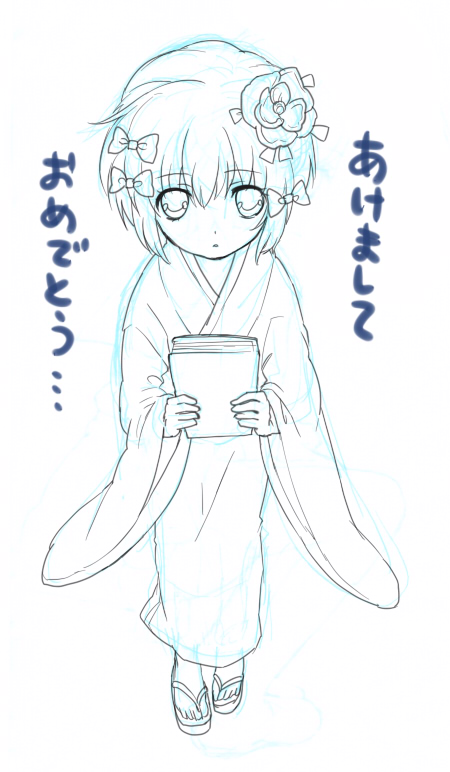 tomako, nagato yuki, suzumiya haruhi no yuuutsu, 00s, 1girl, akeome, blue theme, female focus, happy new year, monochrome, new year, solo