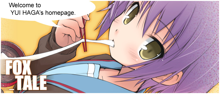 haga yui, nagato yuki, suzumiya haruhi no yuuutsu, eyebrows, 00s, 1girl, artist name, blush, bowl, cardigan, chopsticks, eating, female focus, food, food in mouth, holding, long sleeves, mochi, purple hair, school uniform, serafuku, short hair, solo, speech bubble, text focus, upper body, wagashi, yellow background, yellow eyes, zouni soup