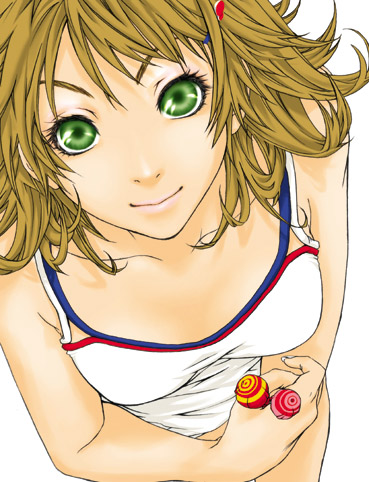 tachibana chata, selphie tilmitt, final fantasy, final fantasy viii, lowres, 1990s (style), 1girl, candy, female focus, flipped hair, food, green eyes, retro artstyle, solo