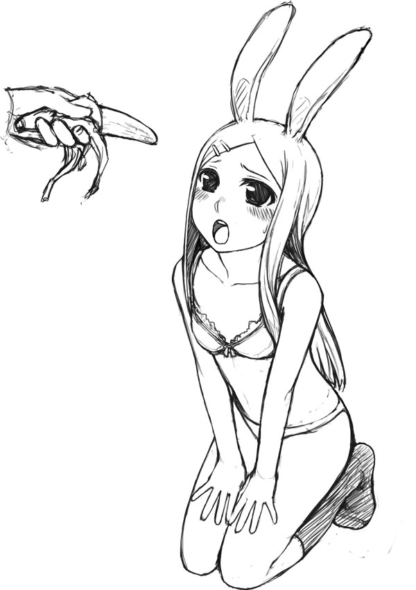 hito, original, eyebrows, 1girl, animal ears, bare shoulders, blush, bra, collarbone, facing viewer, full body, greyscale, hair ornament, hairclip, kneehighs, kneeling, legs together, lingerie, long hair, monochrome, open mouth, panties, rabbit ears, simple background, socks, solo focus, teeth, underwear, underwear only, upper teeth only, white background