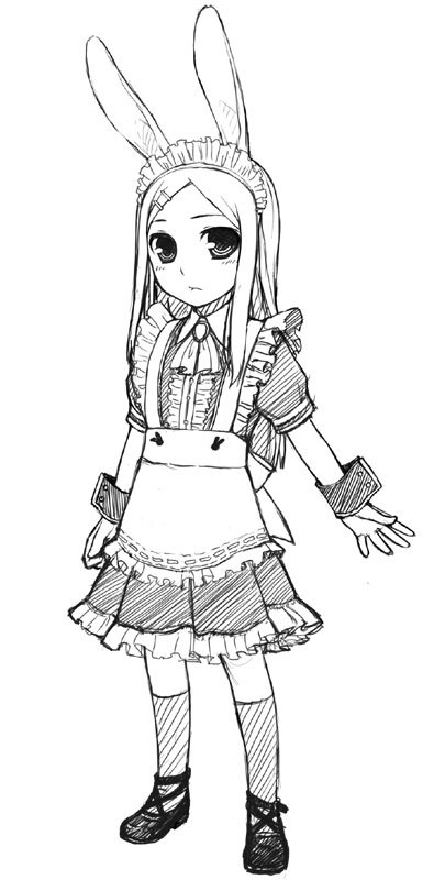 hito, 1girl, animal ears, female focus, full body, greyscale, maid, monochrome, rabbit ears, simple background, solo