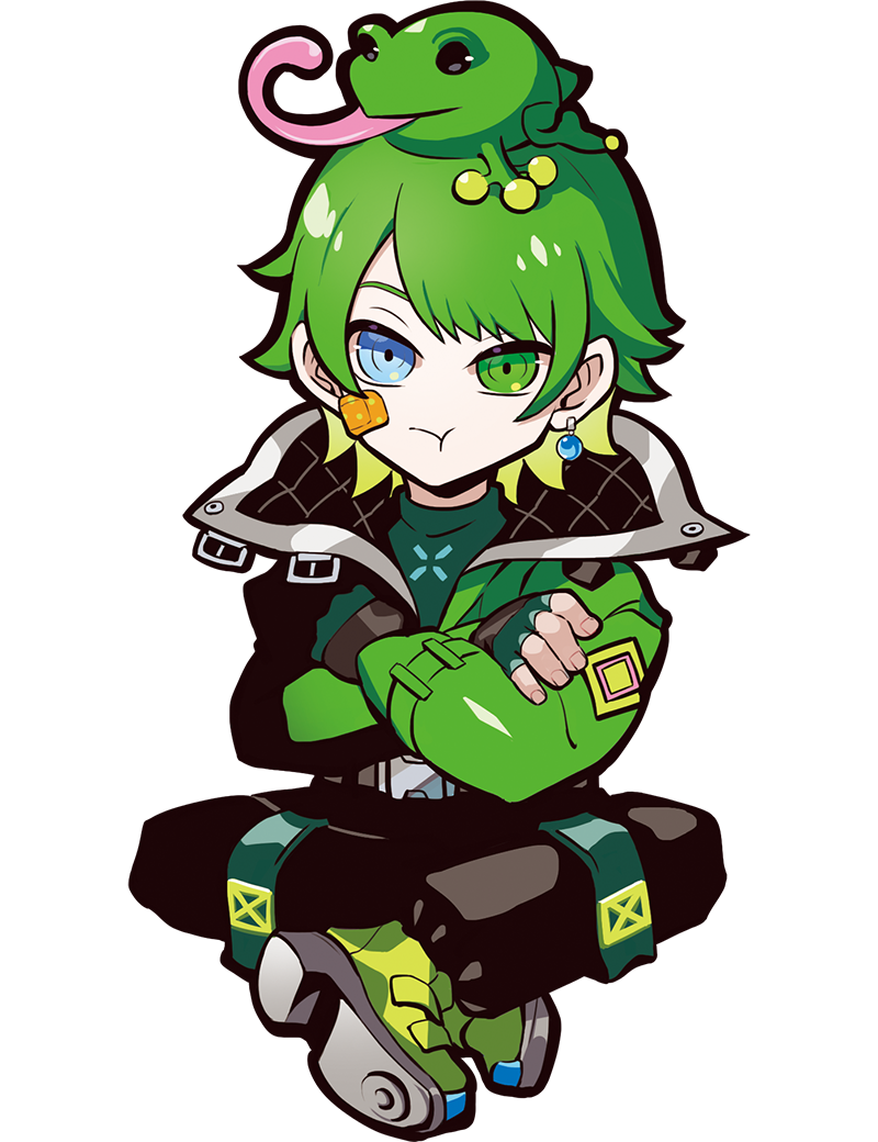 puppeteer7777, crazy raccoon, archived source, official art, second-party source, animal, animal on head, anime coloring, aqua eyes, baggy pants, bandaid, bandaid on cheek, bandaid on face, belt, belt buckle, belted jacket, black eyes, black pants, blue gemstone, buckle, closed mouth, colored inner hair, crossed arms, crossed legs, earrings, facing viewer, fingerless gloves, fingernails, frog, full body, gem, gloves, gradient hair, green eyes, green gloves, green hair, green jacket, green shirt, green shorts, green sleeves, green theme, grey belt, heterochromia, indian style, jacket, jewelry, long sleeves, long tongue, looking at viewer, medici collar, medium hair, multicolored hair, no pupils, on head, pants, patch, popogachi, puffy long sleeves, puffy sleeves, shirt, shoe soles, shorts, single earring, sitting, tachi-e, thick lineart, tongue, tongue out, transparent background, turtleneck, turtleneck shirt, two-sided fabric, two-sided jacket, velcro shoes