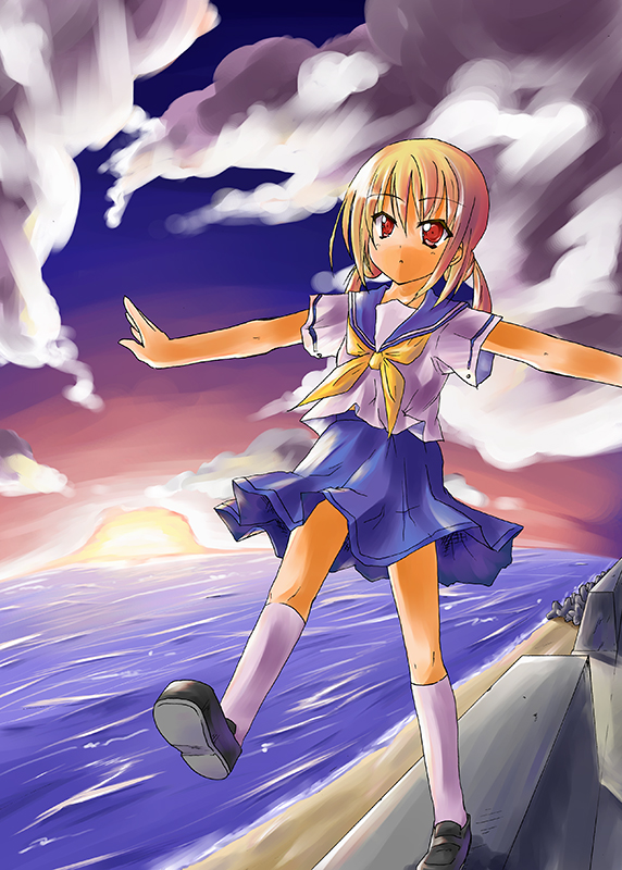 sagikuchi mutsuha, shirasagi rokuwa, 1girl, blonde hair, female focus, red eyes, school uniform, serafuku, solo, sunset