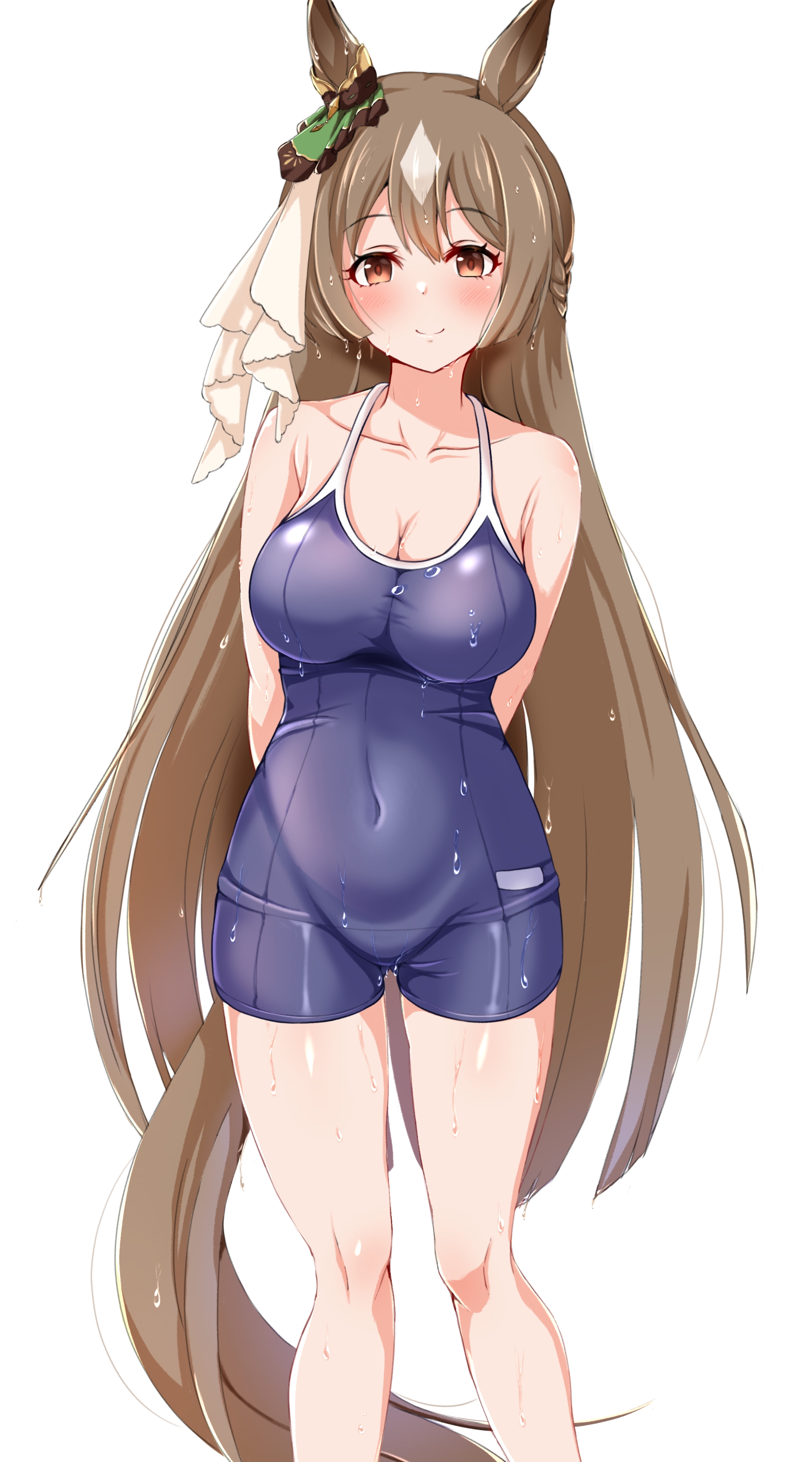 raindrop746079, satono diamond (umamusume), umamusume, absurdres, highres, 1girl, animal ears, arms behind back, bare arms, bare shoulders, blue one-piece swimsuit, blush, bow, breasts, brown eyes, brown hair, cleavage, closed mouth, covered navel, ear ribbon, green ribbon, horse ears, horse girl, horse tail, large breasts, looking at viewer, one-piece swimsuit, ribbon, school swimsuit, smile, solo, swimsuit, tail, tracen swimsuit, white ribbon