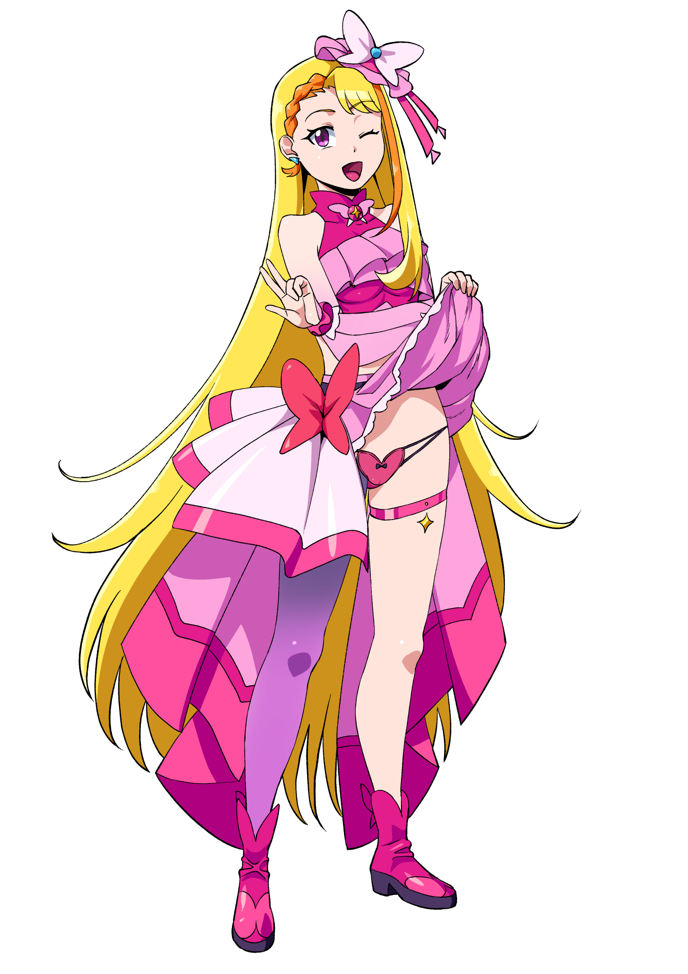 matsuda shin, cure butterfly, hijiri ageha, hirogaru sky! precure, precure, commentary, highres, 1girl, ;d, ankle boots, belt, black belt, blonde hair, boots, bow, bow panties, bow skirt, braid, braided bangs, bridal gauntlets, brooch, butterfly hat ornament, clothes lift, cropped shirt, crotch seam, earrings, elbow gloves, frilled shirt, frills, full body, gloves, hat, hat ornament, jewelry, lifting own clothes, long hair, looking at viewer, magical girl, midriff, miniskirt, mob cap, multicolored hair, ok sign, one eye closed, open mouth, orange hair, panties, pantyhose, pink boots, pink gloves, pink hat, pink panties, pink shirt, pink skirt, pleated skirt, purple eyes, purple pantyhose, red bow, shirt, showgirl skirt, simple background, single leg pantyhose, skirt, skirt lift, sleeveless, sleeveless shirt, smile, solo, standing, thigh strap, tilted headwear, two-tone hair, underwear, very long hair, white background, wing brooch