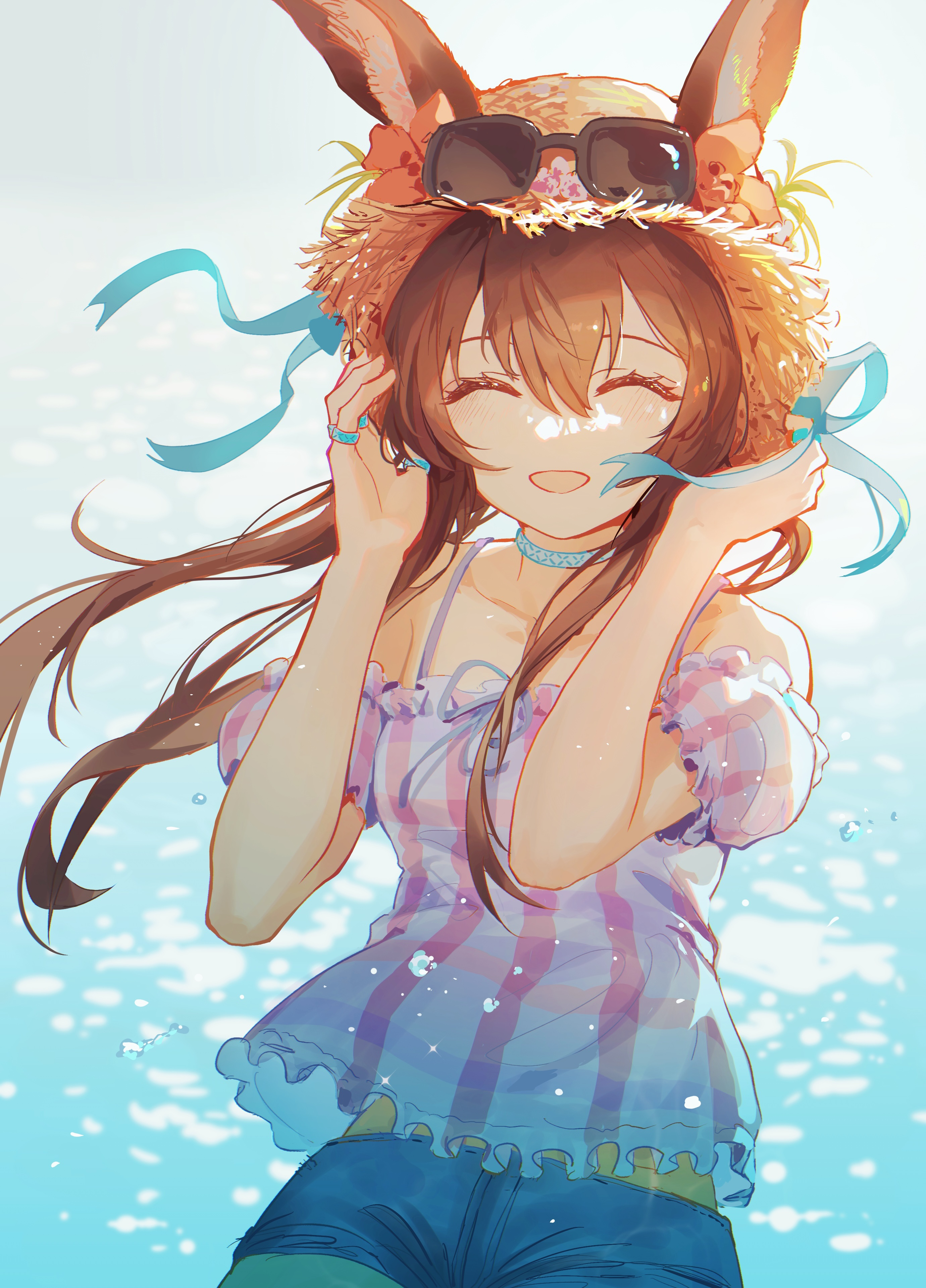 enip o, amiya (arknights), arknights, absurdres, commentary, english commentary, highres, 1girl, :d, ^ ^, amiya (summer) (arknights), animal ears, arms up, bare shoulders, blue choker, blue ribbon, blush, brown hat, choker, closed eyes, day, ears through headwear, eyewear on headwear, facing viewer, hair between eyes, hands on headwear, happy, hat, hat ribbon, jewelry, multiple rings, off shoulder, official alternate costume, open mouth, pink shirt, plaid clothes, plaid shirt, ribbon, ring, shirt, short sleeves, smile, solo, spaghetti strap, straw hat, summer, sunglasses, sunlight, water, white shirt