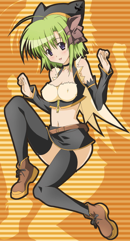 paopa ship, shigure asa, shuffle!, 00s, 1girl, :p, bare shoulders, blue hair, bow, choker, detached sleeves, female focus, green hair, hair bow, hat, solo, thighhighs, tongue, tongue out, zettai ryouiki