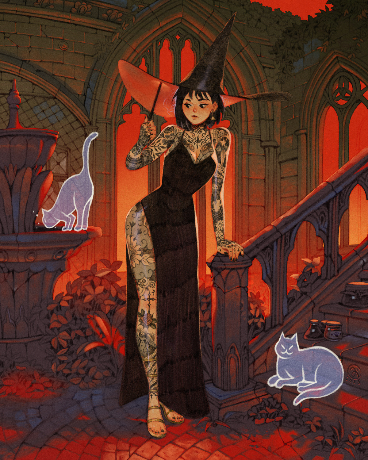 simz, original, highres, 1girl, black dress, black hair, black hat, breasts, cat, cleavage, dress, fountain, full-body tattoo, full body, ghost, hat, medium breasts, ruins, short hair, side slit, sleeveless, sleeveless dress, solo, spaghetti strap, stairs, tattoo, wand, witch, witch hat