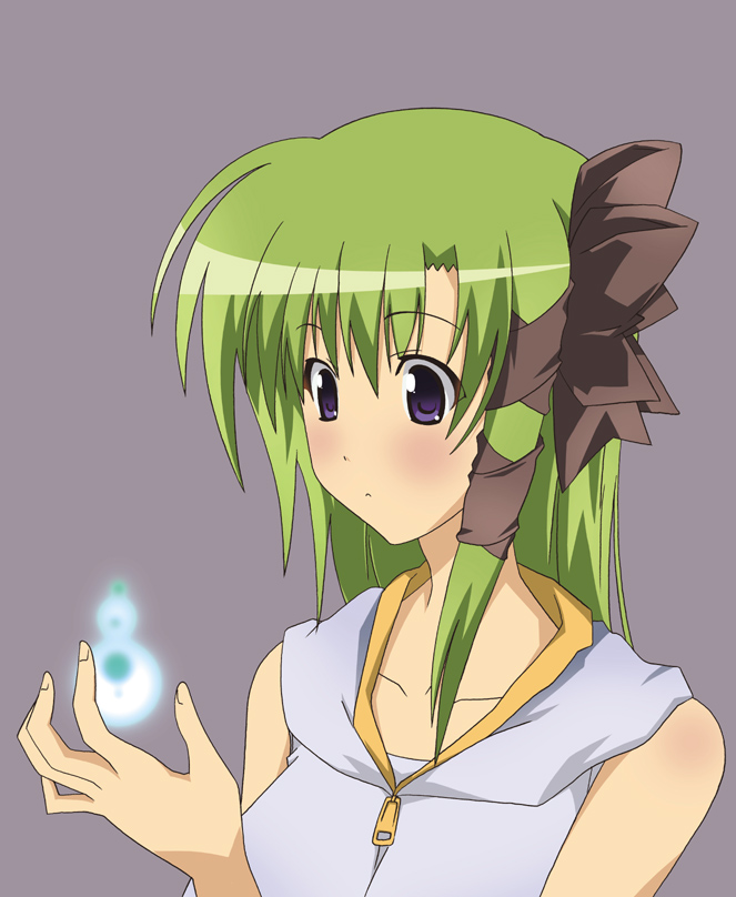paopa ship, shigure asa, shuffle!, 00s, 1girl, asymmetrical hair, bare shoulders, blush, brown ribbon, female focus, floating, floating object, green hair, hair ribbon, purple eyes, ribbon, short hair, sleeveless, solo, sweater vest, zipper