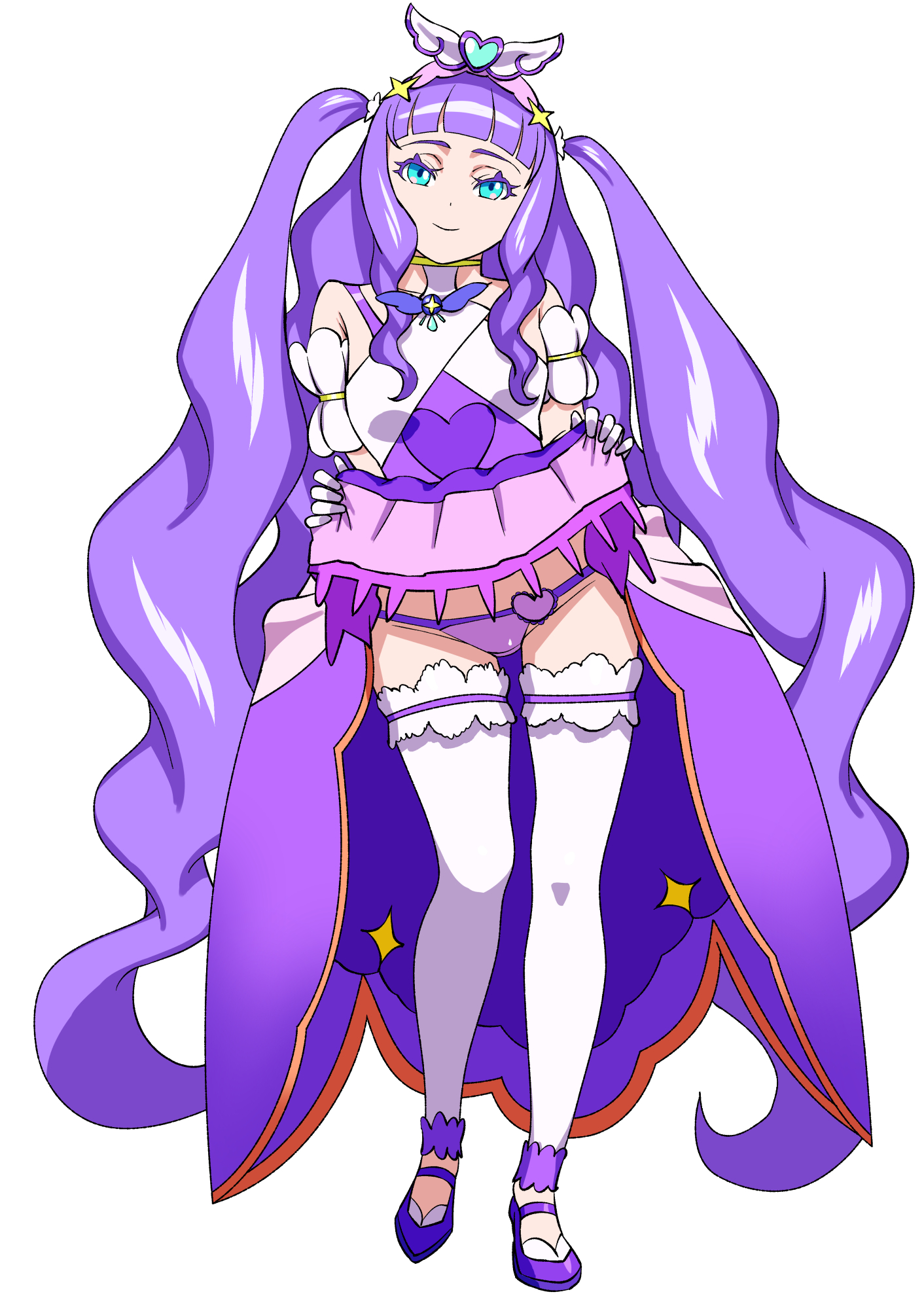 matsuda shin, cure majesty, ellee-chan, hirogaru sky! precure, precure, commentary, highres, 1girl, aqua eyes, brooch, closed mouth, clothes lift, clothing cutout, crotch seam, dress, flats, frilled thighhighs, frills, full body, hair ornament, half-dress, jewelry, lifting own clothes, long hair, looking at viewer, magical girl, miniskirt, panties, purple dress, purple hair, purple panties, purple shoes, purple skirt, shoes, short sleeves, shoulder cutout, simple background, skirt, skirt lift, smile, solo, standing, string panties, thighhighs, two side up, underwear, very long hair, white background, white thighhighs, wing brooch, wing hair ornament
