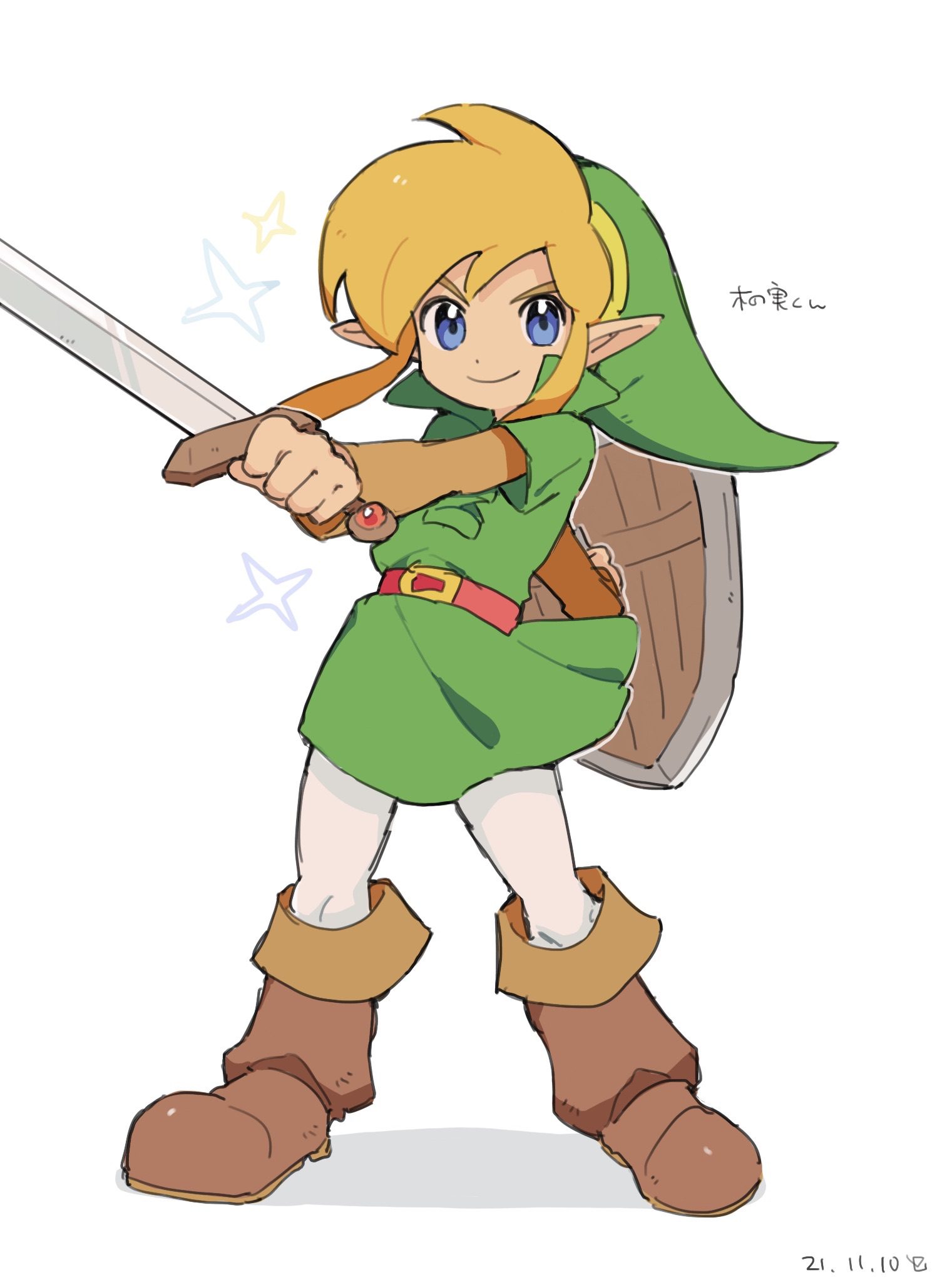 link, nintendo, the legend of zelda, 1boy, belt, blonde hair, blue eyes, boots, brown boots, elf, green hat, green shirt, green tunic, hat, holding, holding weapon, pants, peke (pixiv16140426), pointy ears, shield, shirt, sword, tunic, weapon, white background, white pants