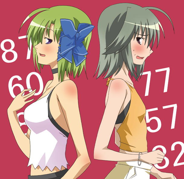 paopa ship, mayumi thyme, shigure asa, shuffle!, 00s, 2girls, blush, breast envy, breasts, brown hair, flat chest, green hair, multiple girls, purple eyes, short hair, small breasts
