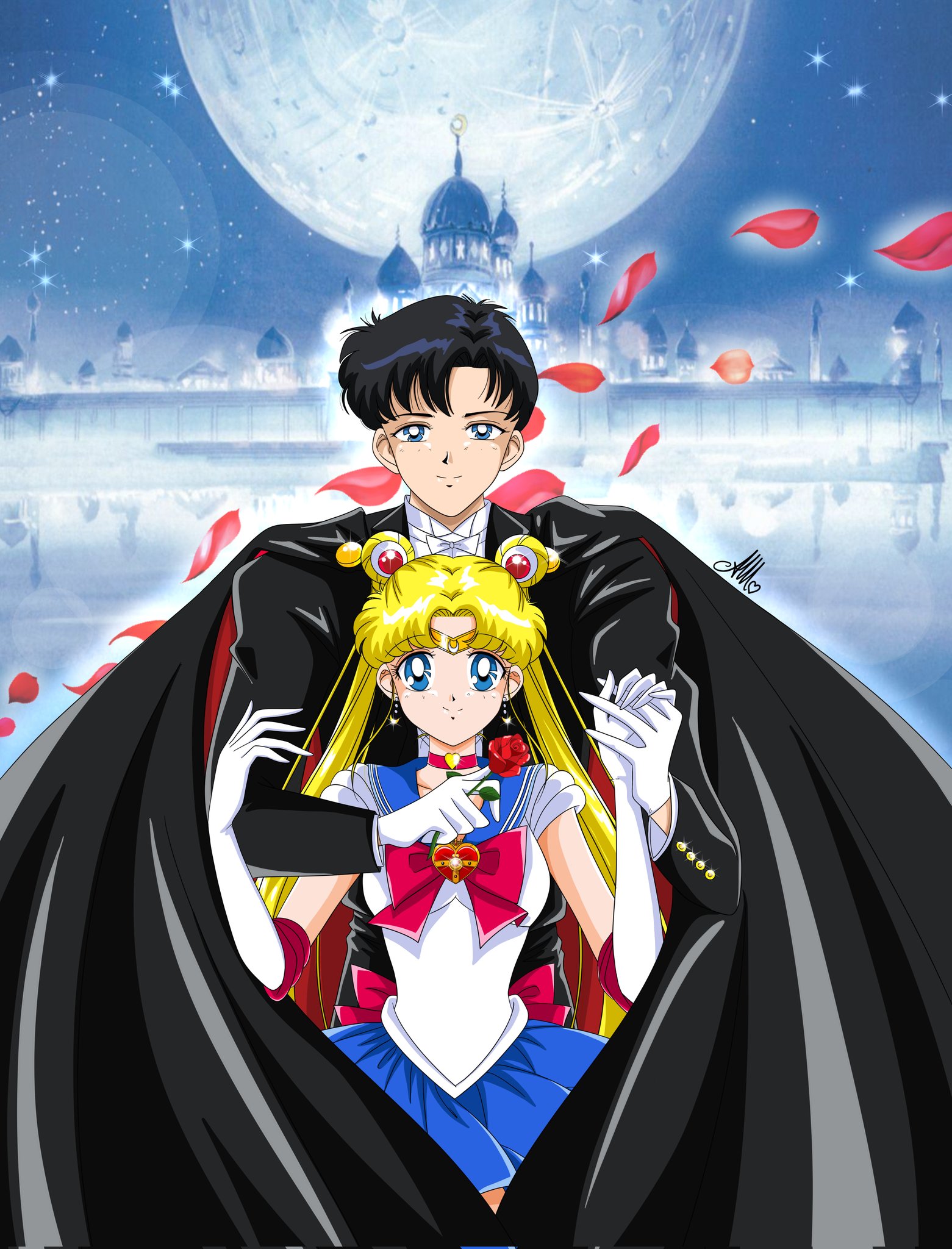 anello81, chiba mamoru, sailor moon, tsukino usagi, tuxedo kamen, bishoujo senshi sailor moon, highres, 1boy, 1girl, black cape, black coat, black hair, blonde hair, blue eyes, blue sailor collar, bow, bowtie, cape, choker, coat, cosmic heart compact, double bun, earrings, elbow gloves, falling petals, flower, gloves, hair bun, hair ornament, hat, heart, heart choker, jewelry, long hair, parted bangs, petals, red bow, red choker, red flower, red rose, rose, sailor collar, sailor senshi uniform, short hair, skirt, smile, solo, tuxedo, twintails, white bow, white bowtie, white gloves