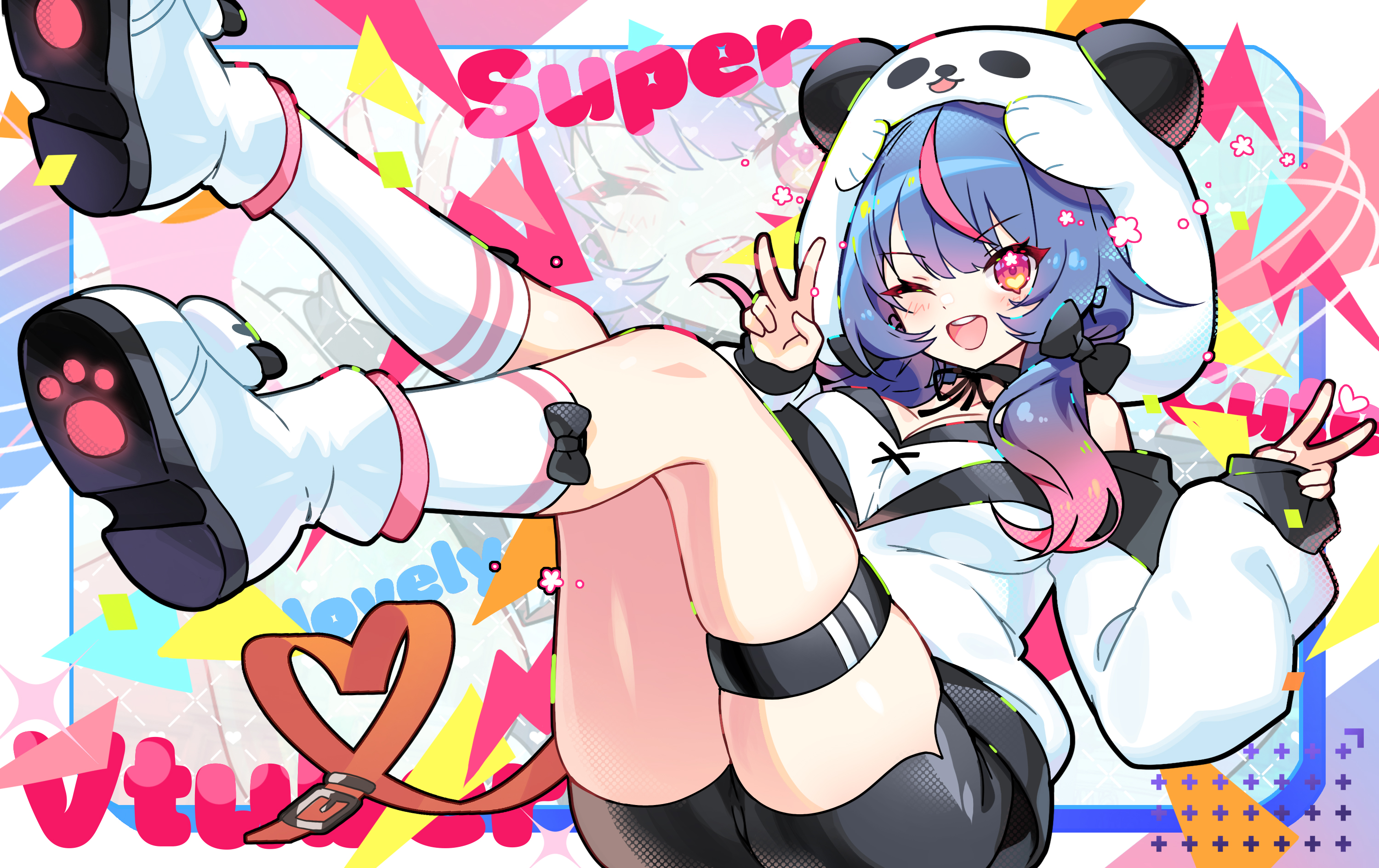 apple caramel, commentary request, commission, copyright request, highres, pixiv commission, 1girl, ;d, animal ears, animal hood, ass, bare shoulders, black bow, black shorts, blue hair, blush, boots, bow, breasts, cleavage, double v, fake animal ears, gradient hair, hair bow, hair over shoulder, hood, hood up, jacket, knees together feet apart, long sleeves, looking at viewer, low twintails, medium breasts, multicolored hair, off shoulder, one eye closed, open mouth, panda ears, panda hood, pinching sleeves, pink hair, puffy long sleeves, puffy sleeves, red eyes, shoe soles, short shorts, shorts, skindentation, sleeves past wrists, smile, socks, solo, streaked hair, thigh strap, twintails, v, virtual youtuber, white boots, white jacket, white socks, zoom layer