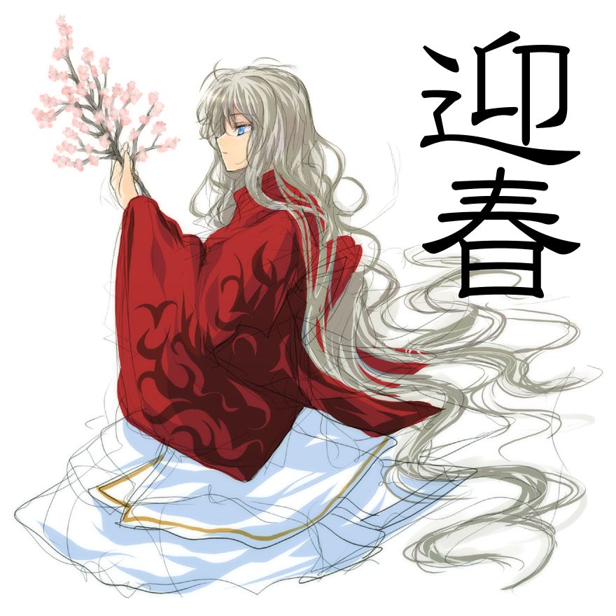 hara takehito, original, gender request, androgynous, blue eyes, branch, cherry blossoms, grey hair, japanese clothes, kimono, long hair, new year, simple background, solo, very long hair, wavy hair, white background