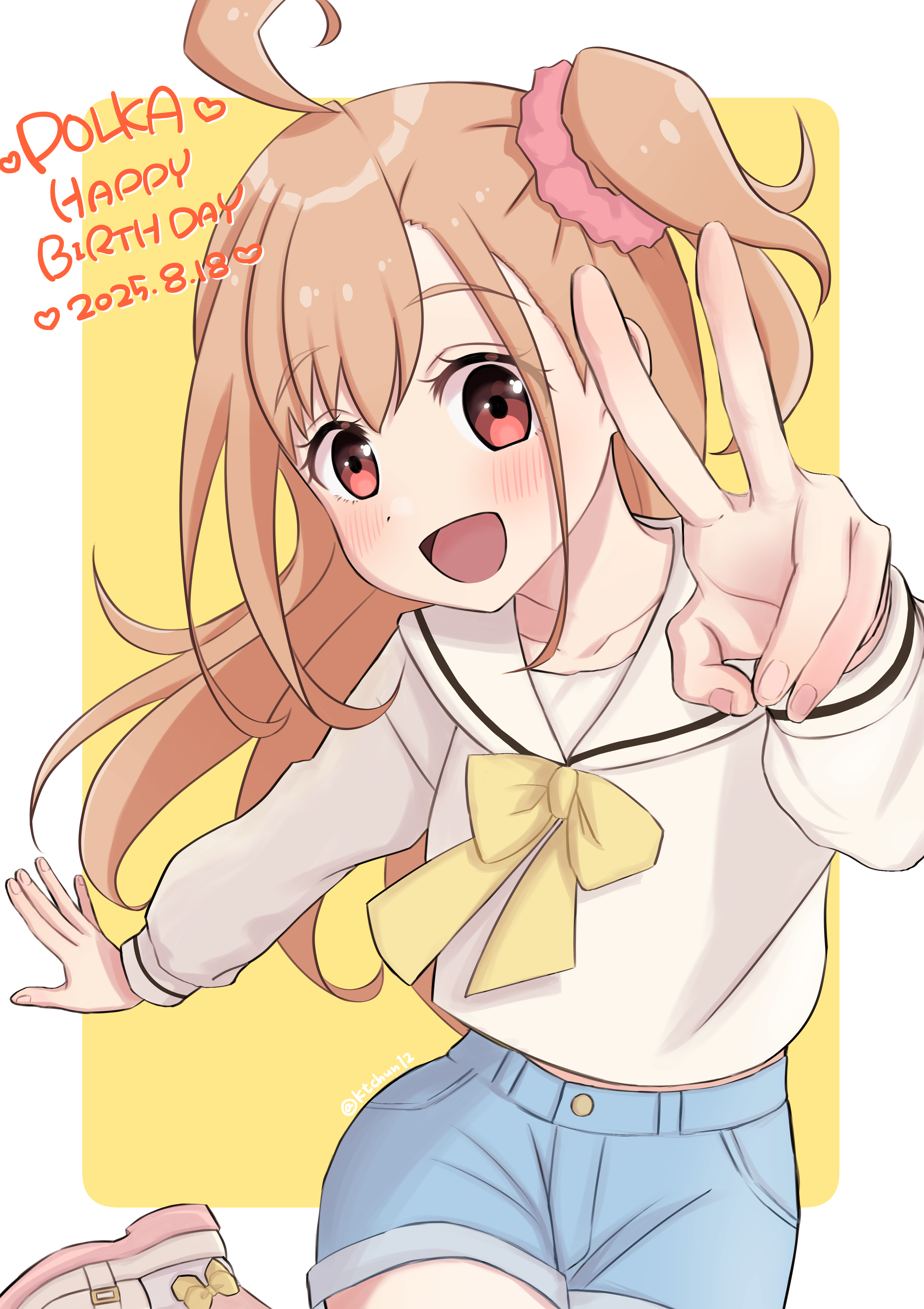morupuru, takahashi polka, ikizulive! love live! bluebird, love live!, absurdres, commentary request, highres, 1girl, ahoge, blue shorts, border, bow, bow legwear, bowtie, collarbone, crop top, cropped shirt, leg up, loafers, long hair, midriff, one side up, orange hair, outside border, red eyes, sailor collar, sailor shirt, shirt, shoes, short shorts, shorts, simple background, solo, v, white border, white sailor collar, white shirt, white shoes, yellow background, yellow bow, yellow bowtie