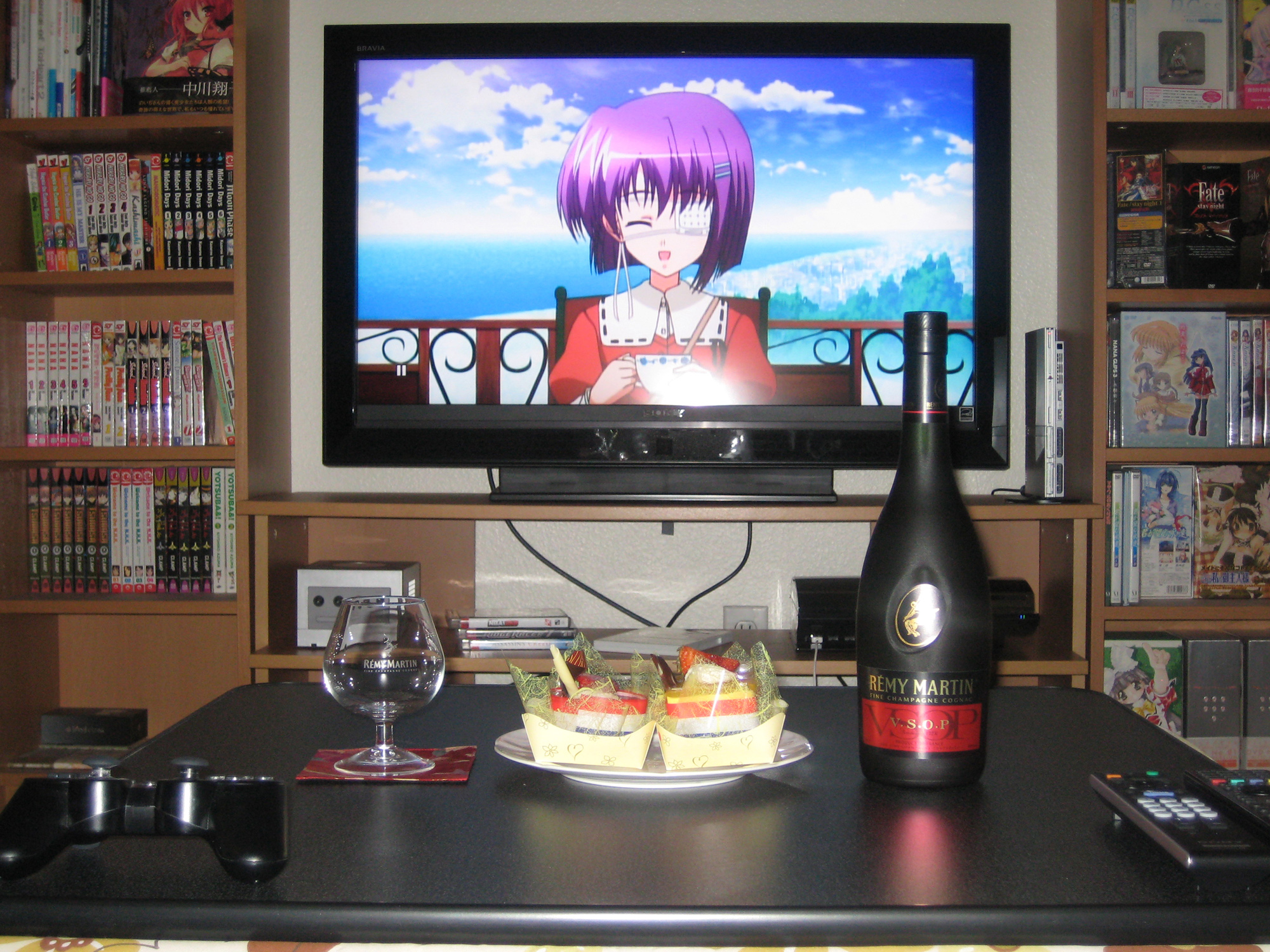 shindou chihiro, ef (visual novel), highres, photo (medium), 00s, 2d dating, alcohol, brandy, eyepatch, food, game console, gamecube, lonely, meal, new year, otaku, playstation 3, product placement, solo, wine