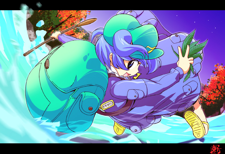 maxgonta, kawashiro nitori, touhou, 1girl, backpack, bag, dress, female focus, hat, nature, outdoors, plant, randoseru, sky, solo, two side up, water