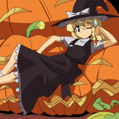 maxgonta, kirisame marisa, touhou, lowres, 1girl, blonde hair, female focus, halloween, jack-o'-lantern, pumpkin, solo