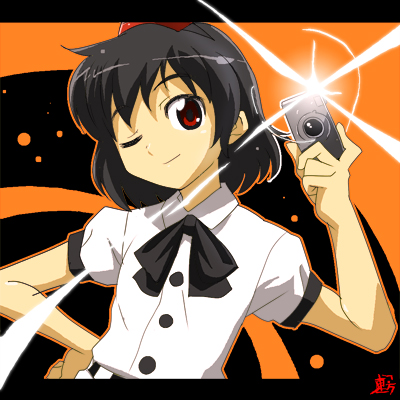 maxgonta, shameimaru aya, touhou, lowres, 1girl, black hair, bow, bowtie, camera, digital camera, female focus, hand on own hip, hat, holding, one eye closed, red eyes, short hair, smile, solo, tokin hat, wink