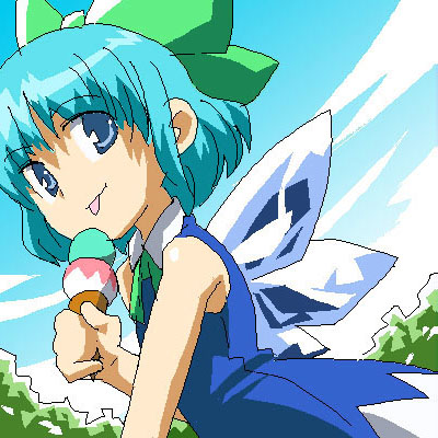 maxgonta, cirno, shoot the bullet, touhou, lowres, 1girl, bow, female focus, food, ice cream, oekaki, smile, solo