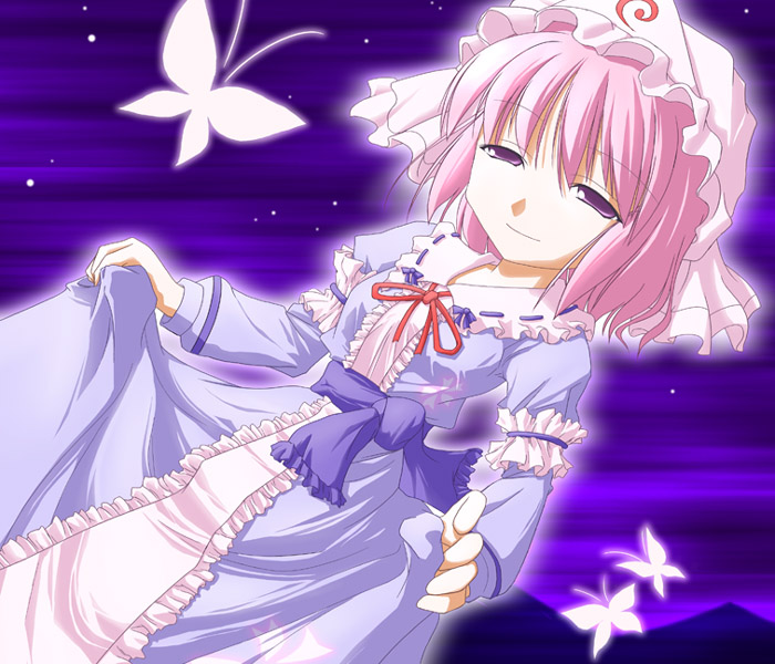 kurikara, saigyouji yuyuko, touhou, 1girl, arm garter, blue dress, closed mouth, dress, female focus, frills, half-closed eyes, hat, long sleeves, looking at viewer, mob cap, pink hair, purple eyes, short hair, smile, solo, triangular headpiece, upper body