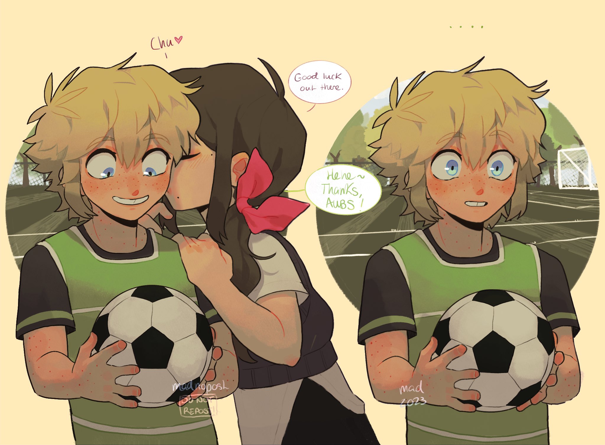 madnopost, aubrey (faraway) (omori), aubrey (omori), basil (faraway) (omori), basil (omori), omori, highres, …, 1boy, 1girl, 2023, alternate costume, alternate universe, antenna hair, artist name, ball, black sweater vest, blonde hair, blue eyes, closed eyes, closed mouth, collared shirt, english text, goal, grin, hair ribbon, holding, holding ball, kiss, kissing cheek, long hair, low ponytail, mole, mole under eye, mole under mouth, open mouth, pink ribbon, ponytail, ribbon, shirt, short sleeves, smile, soccer ball, speech bubble, sweater vest, teeth, white shirt