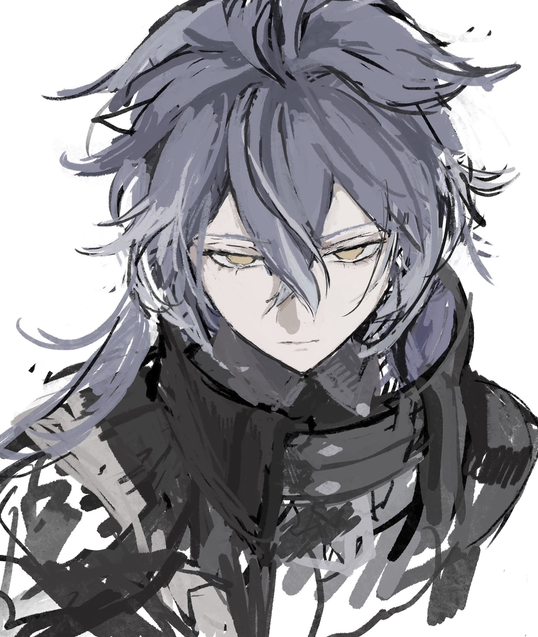 flins (genshin impact), genshin impact, highres, unfinished, 1boy, blue hair, closed mouth, collared jacket, cropped shoulders, crossed bangs, double-parted bangs, empty eyes, expressionless, hair between eyes, high collar, jacket, long hair, male focus, pippi c1, simple background, solo, white background, yellow eyes