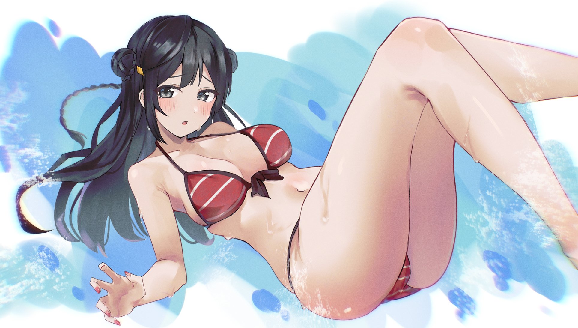 lowlight1010, yuki setsuna, love live!, love live! nijigasaki high school idol club, commentary, highres, 1girl, ass, bare legs, bare shoulders, bikini, black hair, blue background, breasts, cleavage, collarbone, double-parted bangs, double bun, feet out of frame, front-tie bikini top, front-tie top, grey eyes, hair bun, large breasts, long hair, navel, official alternate costume, official alternate hairstyle, parted lips, raised inner eyebrows, red bikini, solo, stomach, string bikini, swimsuit, wet