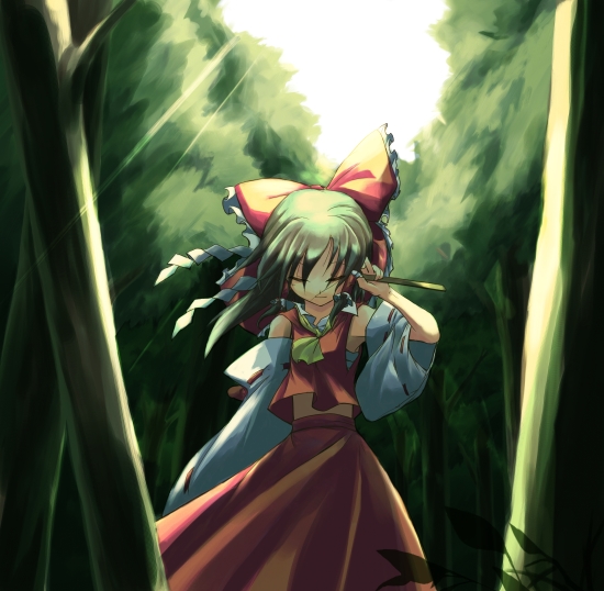 sorano eika, hakurei reimu, touhou, 1girl, female focus, forest, nature, outdoors, plant, skirt, solo