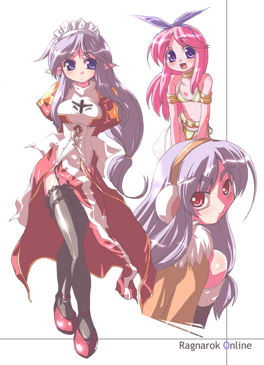 miuku (marine sapphire), dancer (ragnarok online), high priest (ragnarok online), ragnarok online, light purple hair, 3girls, :d, armband, arms behind back, bare shoulders, bow, choker, corset, dancer, elf, fur trim, hair bow, long hair, multiple girls, open mouth, pink hair, pointy ears, puffy sleeves, purple eyes, red eyes, side slit, smile, thighhighs, very long hair