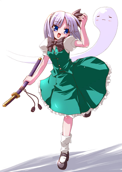 miuku (marine sapphire), konpaku youmu, konpaku youmu (ghost), touhou, 1girl, blue eyes, female focus, hitodama, katana, sheath, sheathed, solo, sword, weapon