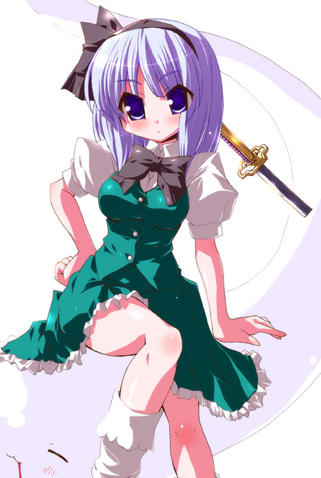 miuku (marine sapphire), konpaku youmu, konpaku youmu (ghost), touhou, 1girl, blue eyes, blue hair, female focus, hair ribbon, hitodama, katana, matching hair/eyes, ribbon, solo, sword, weapon, white hair