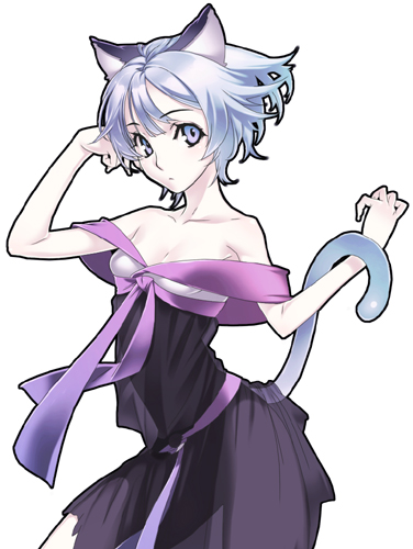 nakamura tatsunori, lowres, animal ears, bare shoulders, blue eyes, cat ears, cat tail, see-through clothes, simple background, solo, tail