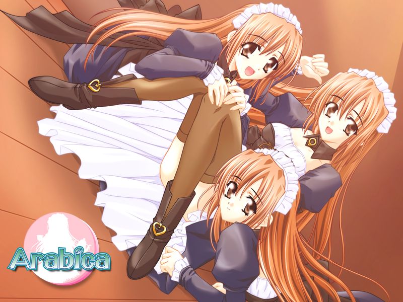 kurono (game illustrator), arabica, brown legwear, 3girls, copyright name, dutch angle, food, fruit, logo, long hair, maid, multiple girls, orange (fruit), orange background, orange eyes, orange hair, siblings, sisters, thighhighs, triplets