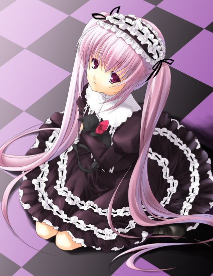 ayase hazuki, character request, source request, 1girl, animal ears, bow, cat, cat ears, dress, female focus, goth fashion, gothic lolita, hug, lolita fashion, long hair, maid, pink hair, purple hair, red eyes, ribbon, sad, sitting, solo, twintails