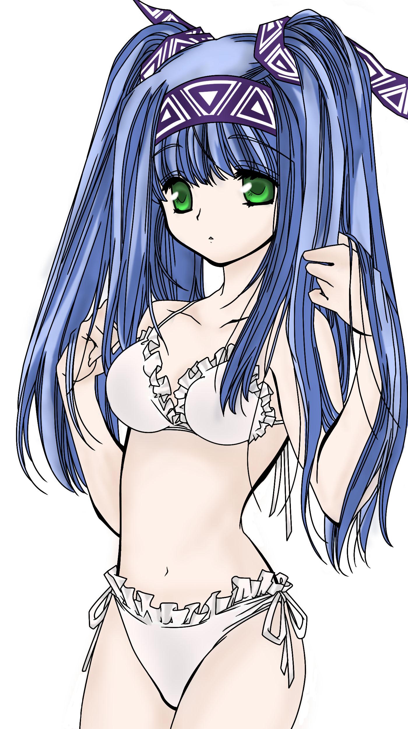 reverie metherlence, elemental gelade, absurdres, highres, 00s, 1girl, bikini, blue hair, female focus, green eyes, long hair, navel, side-tie bikini bottom, simple background, solo, swimsuit, twintails, white bikini
