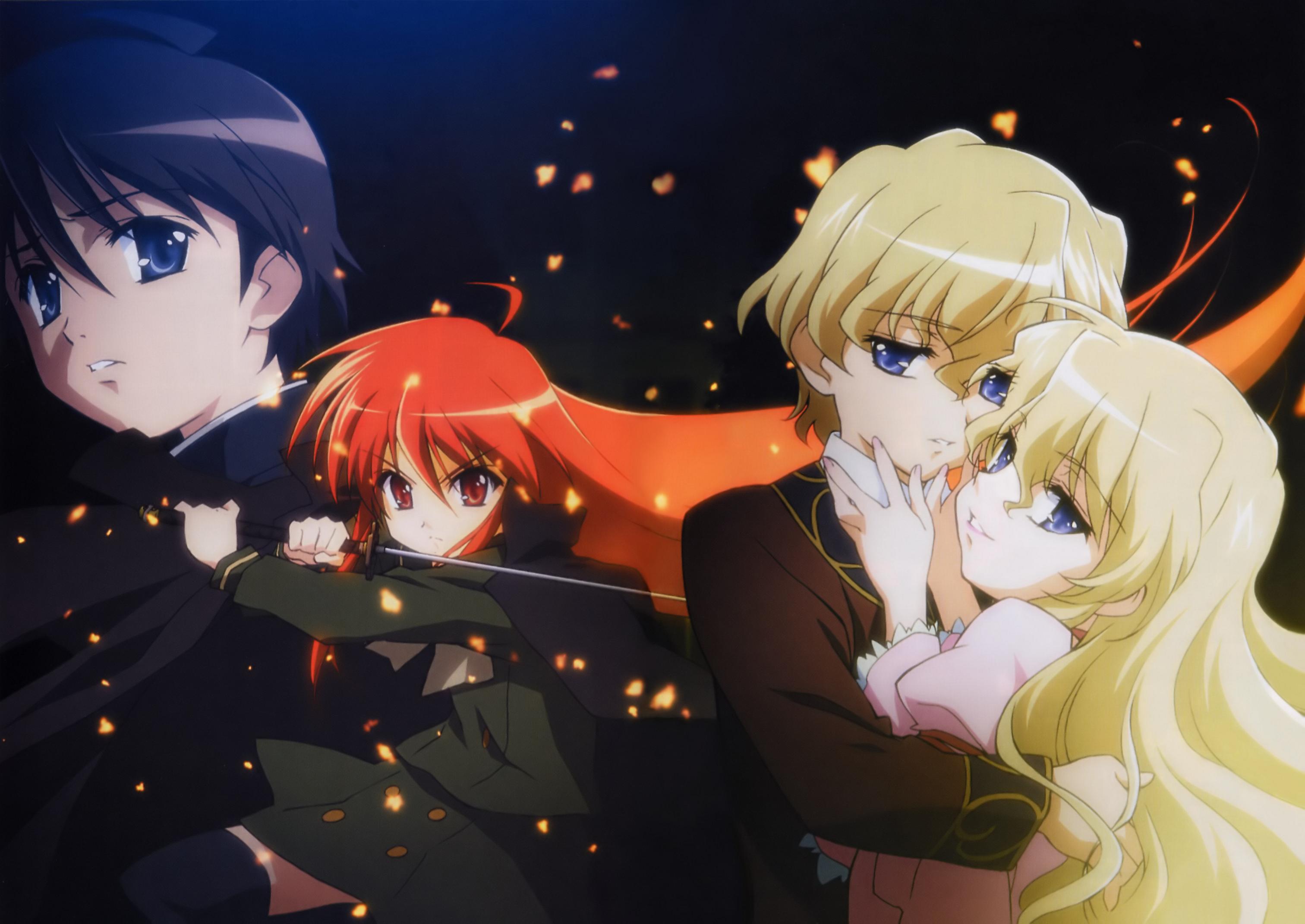sakai yuuji, shana, sorath, tyrael (shakugan no shana), shakugan no shana, highres, scan, 00s, 2boys, 2girls, blonde hair, brother and sister, incest, multiple boys, multiple girls, red hair, siblings, sword, weapon