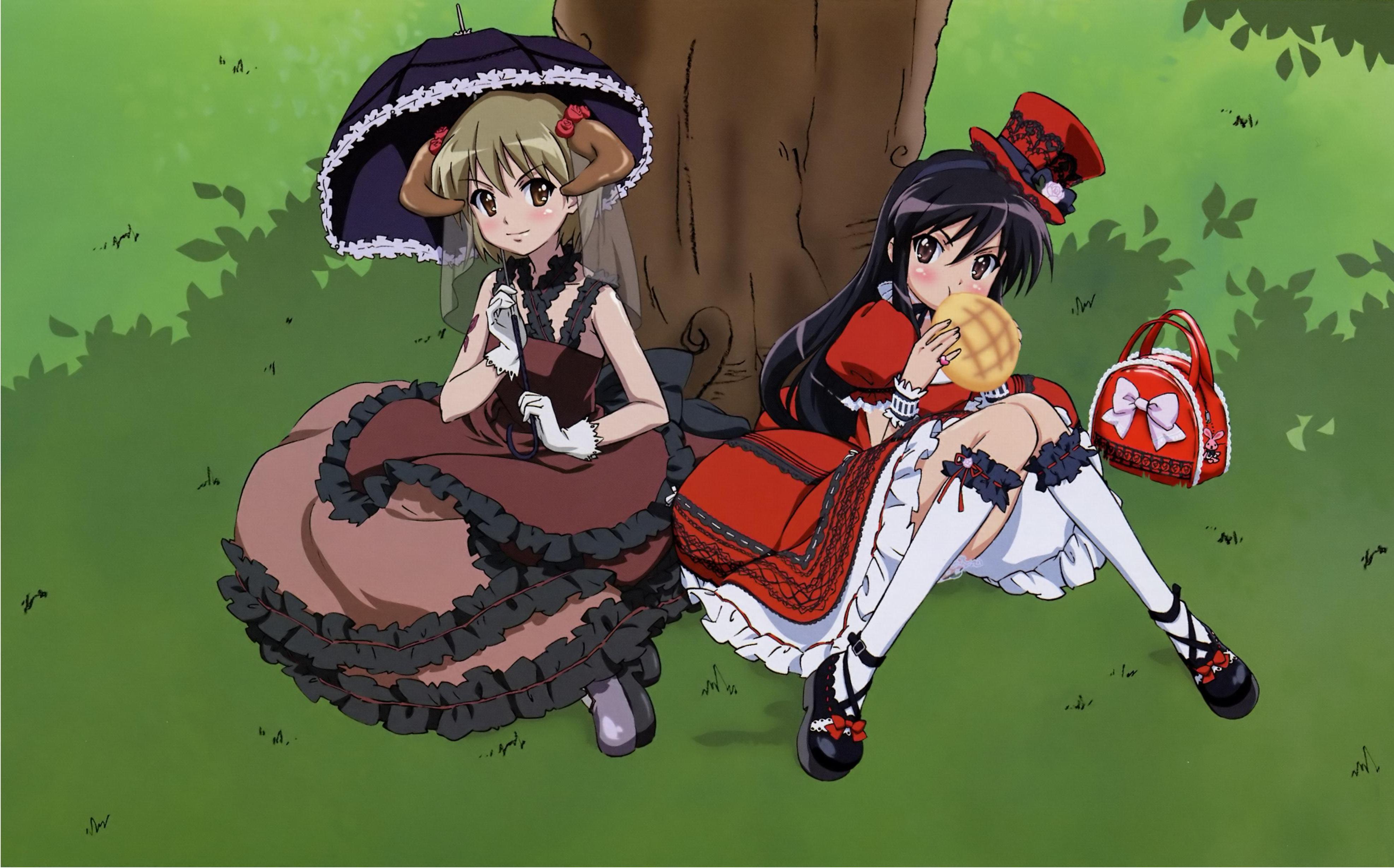 mare, mare (shakugan no shana), shana, shakugan no shana, absurdres, highres, 00s, 2girls, blush, bread, dress, food, gothic lolita, hat, horns, kneehighs, lolita fashion, melon bread, multiple girls, parasol, socks, umbrella