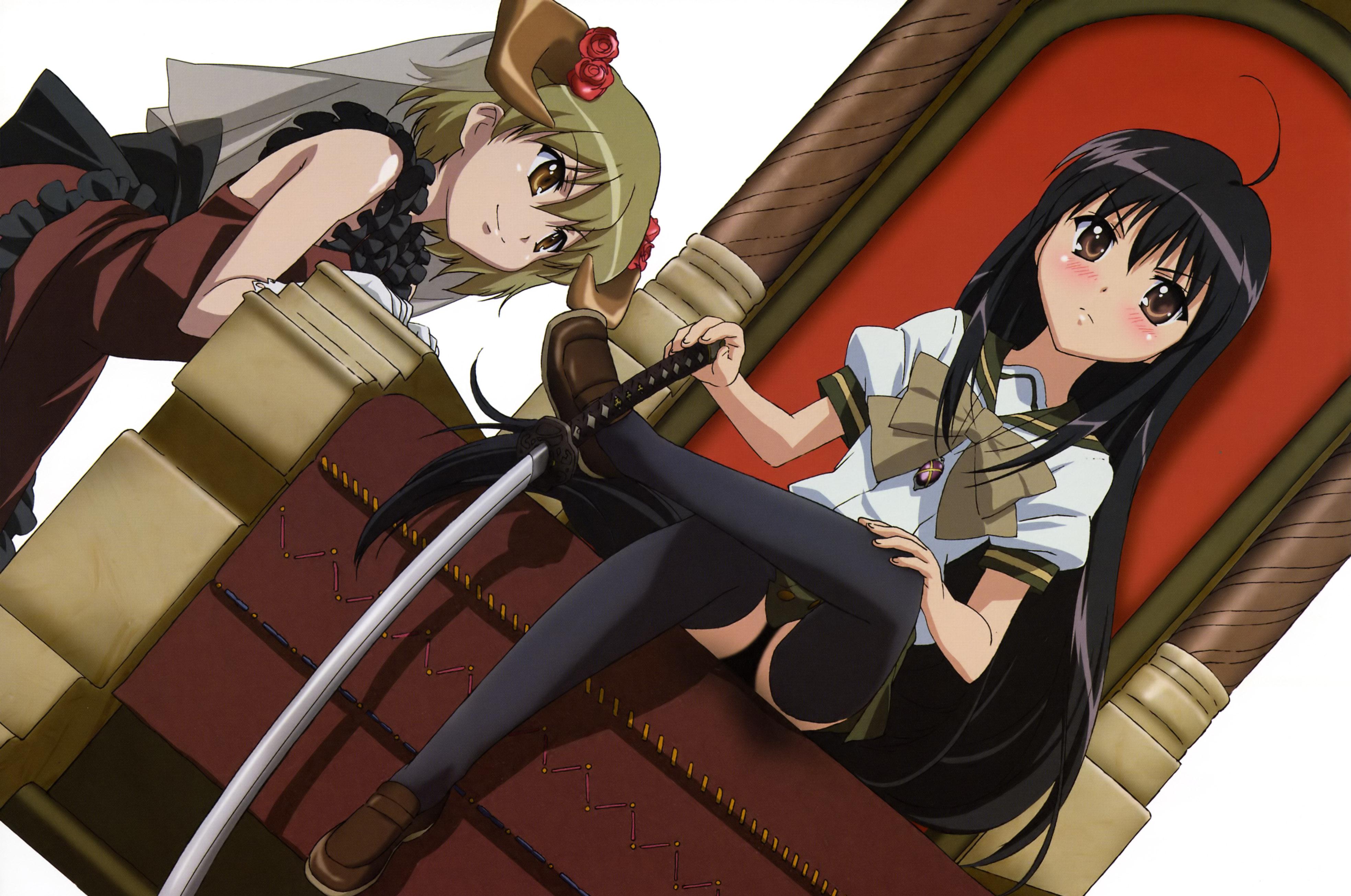 alastor (shakugan no shana), mare, mare (shakugan no shana), shana, shakugan no shana, absurdres, highres, 00s, 2girls, ahoge, black hair, blush, brown eyes, female focus, gloves, horns, jewelry, long hair, multiple girls, pendant, school uniform, serafuku, short hair, sitting, sword, thighhighs, veil, weapon, zettai ryouiki
