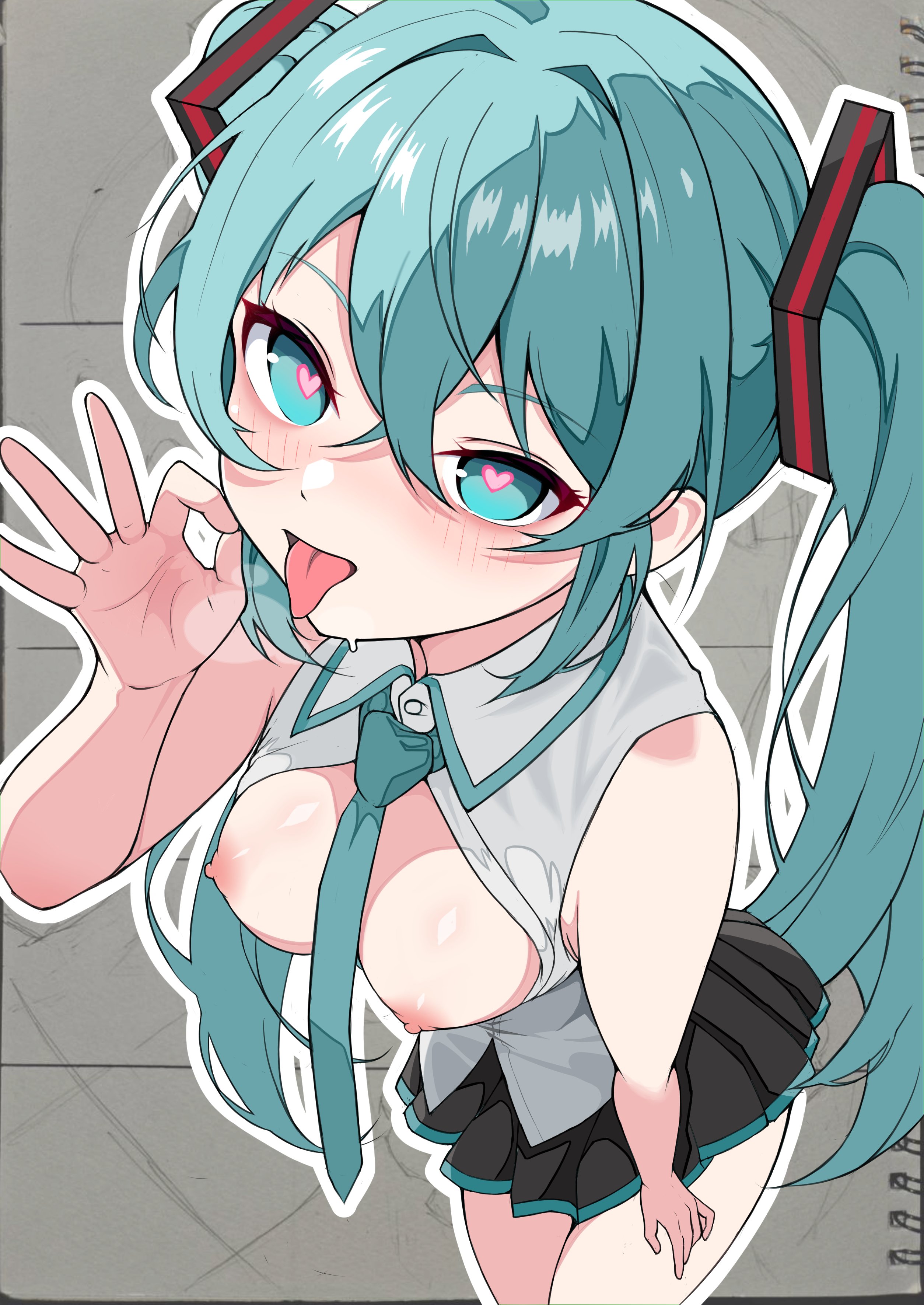 mauichi, hatsune miku, vocaloid, absurdres, commentary request, highres, 1girl, black skirt, blue eyes, blue hair, blue necktie, blush, breasts, collared shirt, cowboy shot, fellatio gesture, grey background, grey shirt, heart, heart-shaped pupils, leaning forward, long hair, looking at viewer, medium breasts, miniskirt, necktie, nipples, no bra, open mouth, pleated skirt, shirt, skirt, sleeveless, sleeveless shirt, smile, solo, symbol-shaped pupils, tongue, tongue out, twintails, very long hair