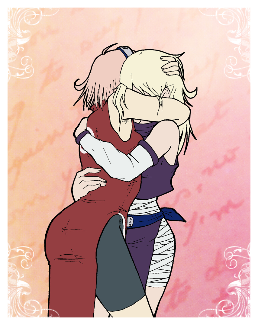blue-fire, haruno sakura, yamanaka ino, naruto (classic), naruto (series), 2girls, couple, hand on another's head, hug, multiple girls, yuri