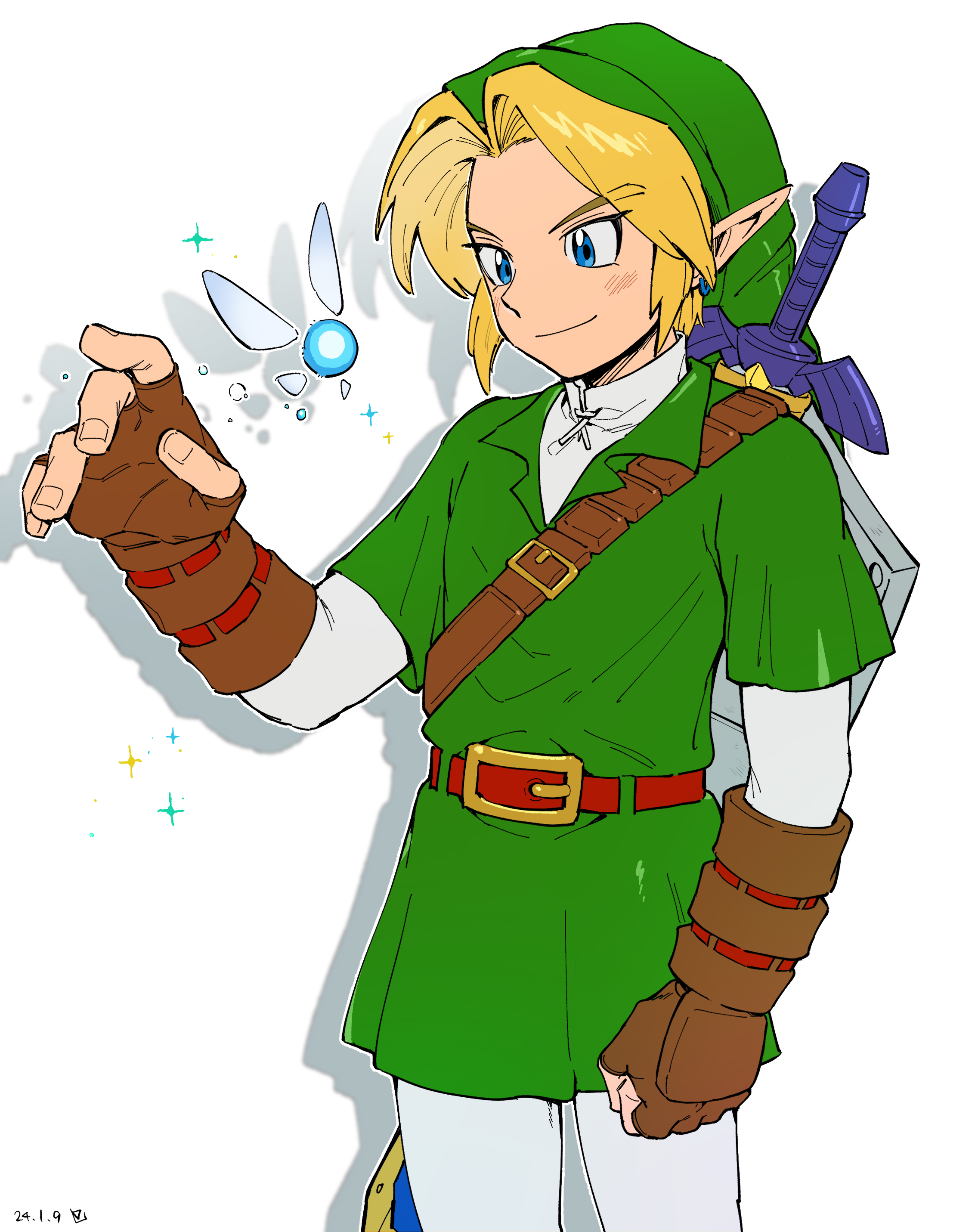 link, navi, nintendo, the legend of zelda, the legend of zelda: ocarina of time, 1boy, belt, blonde hair, blue eyes, earrings, elf, fairy, green hat, green shirt, green tunic, hat, jewelry, master sword, pants, peke (pixiv16140426), pointy ears, shield, shirt, sparkle, sword, tunic, weapon, white background, white pants