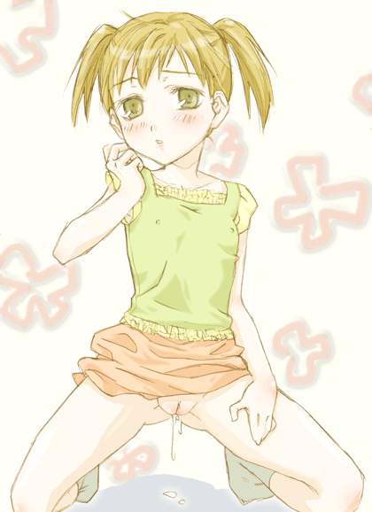 artist request, copyright request, 1girl, blonde hair, blush, clothes lift, female focus, loli, no panties, pussy, pussy juice, skirt, skirt lift, solo, uncensored