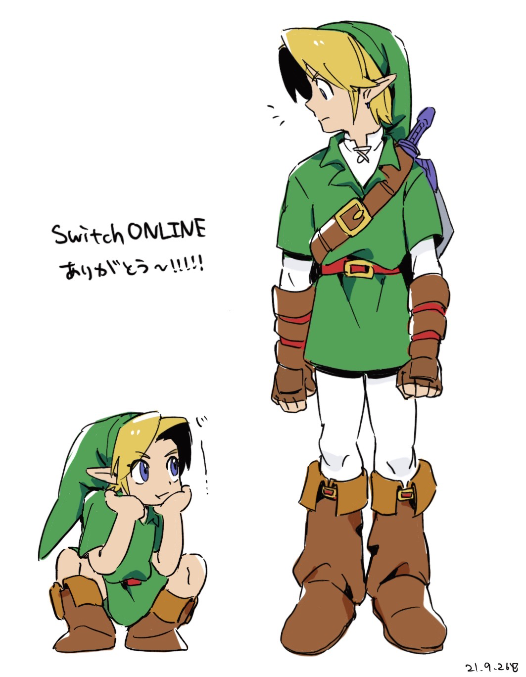 link, young link, nintendo, the legend of zelda, the legend of zelda: ocarina of time, 2boys, belt, blonde hair, blue eyes, boots, brown boots, elf, green hat, green shirt, green tunic, hat, master sword, multiple boys, pants, peke (pixiv16140426), pointy ears, shield, shirt, sword, tunic, weapon, white background, white pants