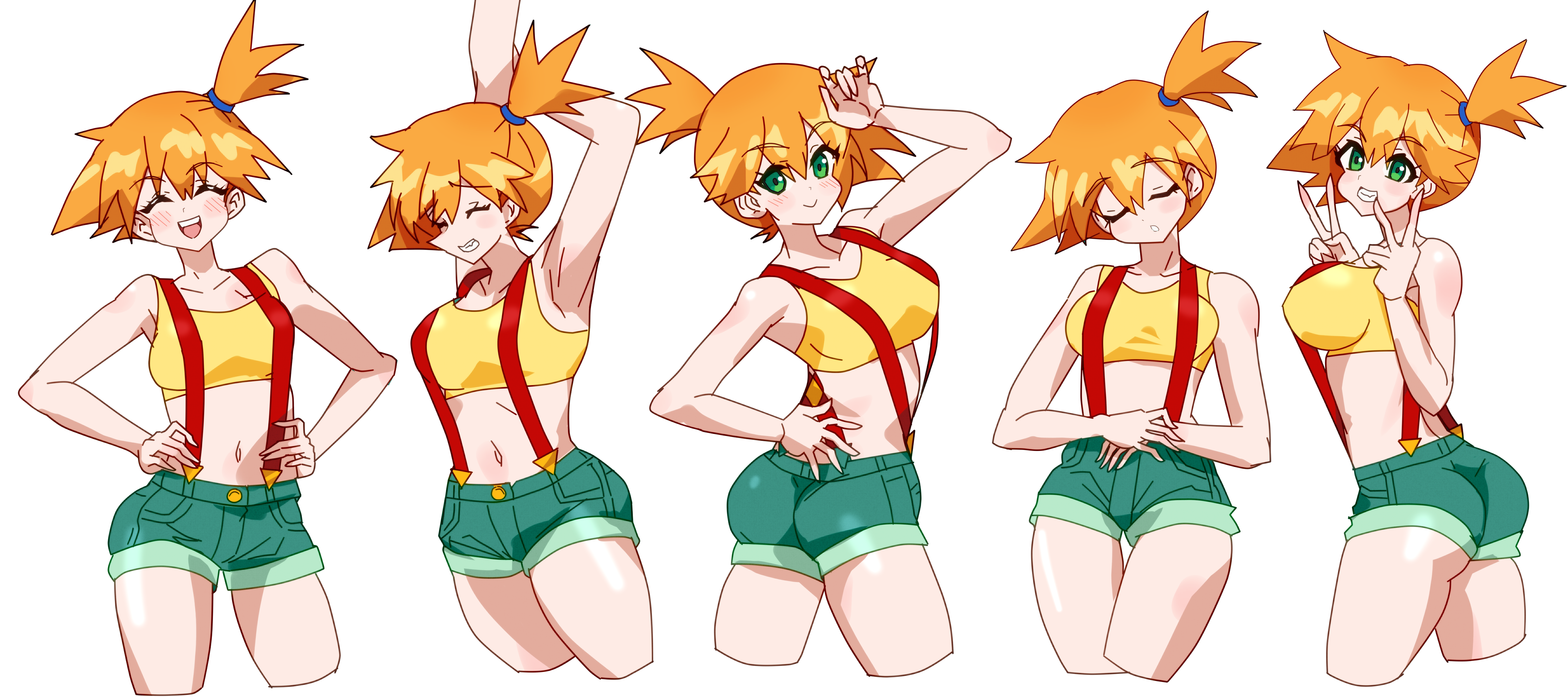 misty (pokemon), nintendo, pokemon, pokemon (anime), pokemon (classic anime), pokemon rgby, highres, 1girl, :d, arm up, armpits, arms up, ass, asymmetrical hair, bare arms, bare shoulders, blush, breasts, closed eyes, closed mouth, collarbone, crop top, cropped legs, denim, denim shorts, double v, eyelashes, facing viewer, green eyes, green shorts, hair between eyes, hair tie, hand on own hip, hands on own hips, looking at viewer, medium breasts, midriff, navel, one eye closed, open mouth, orange hair, ponytail, shirt, short hair, short shorts, shorts, side ponytail, smile, stomach, stretching, suspender shorts, suspenders, tank top, teeth, thighs, twisted torso, upper teeth only, v, yellow shirt, yellow tank top
