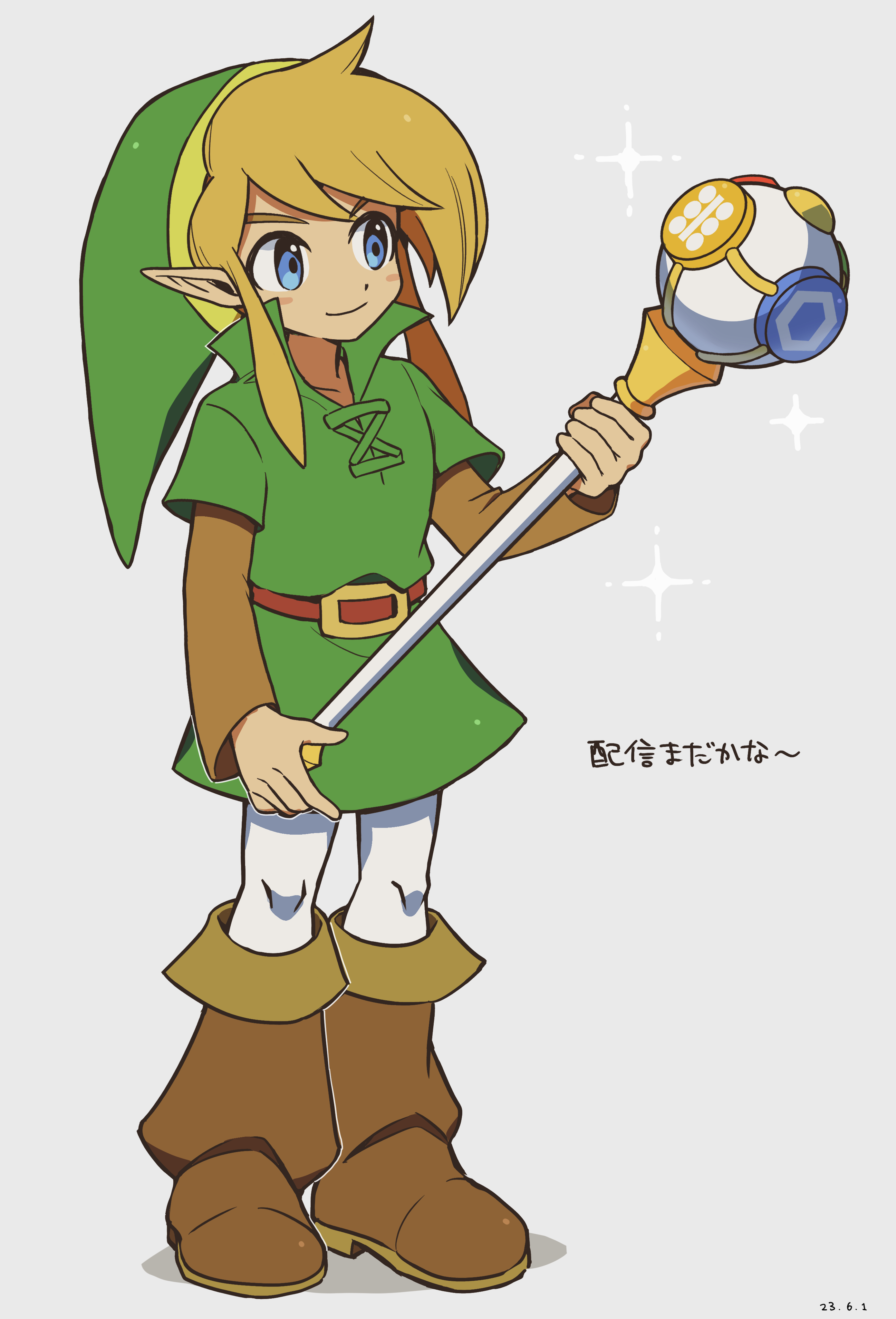 link, nintendo, the legend of zelda, 1boy, blonde hair, blue eyes, boots, brown boots, elf, green hat, green shirt, green tunic, hat, holding, peke (pixiv16140426), pointy ears, rod of seasons, shirt, sparkle, tunic, white background